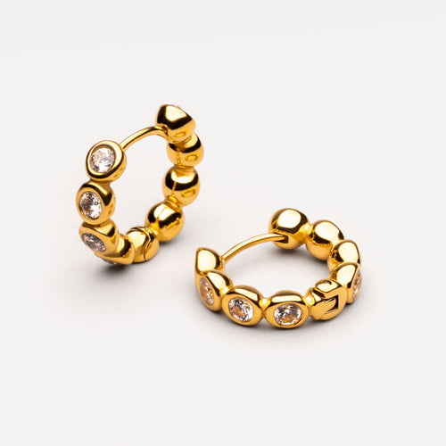 18K Gold Plated Beaded Diamond Gemstone Huggie Hoops
