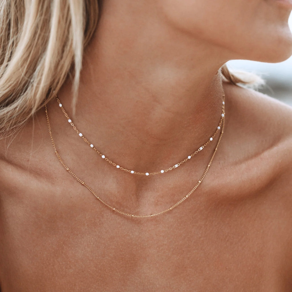 18K Gold Plated White Enamel & Satellite Chain Layered Necklace Set