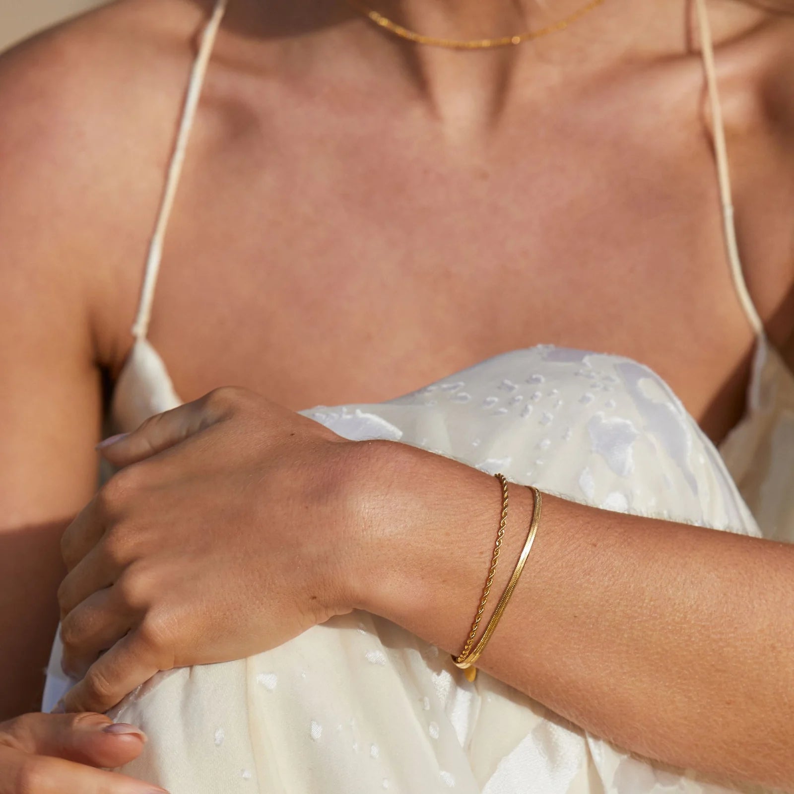 18K Gold Plated Herringbone & Rope Chain Layered Bracelet Set