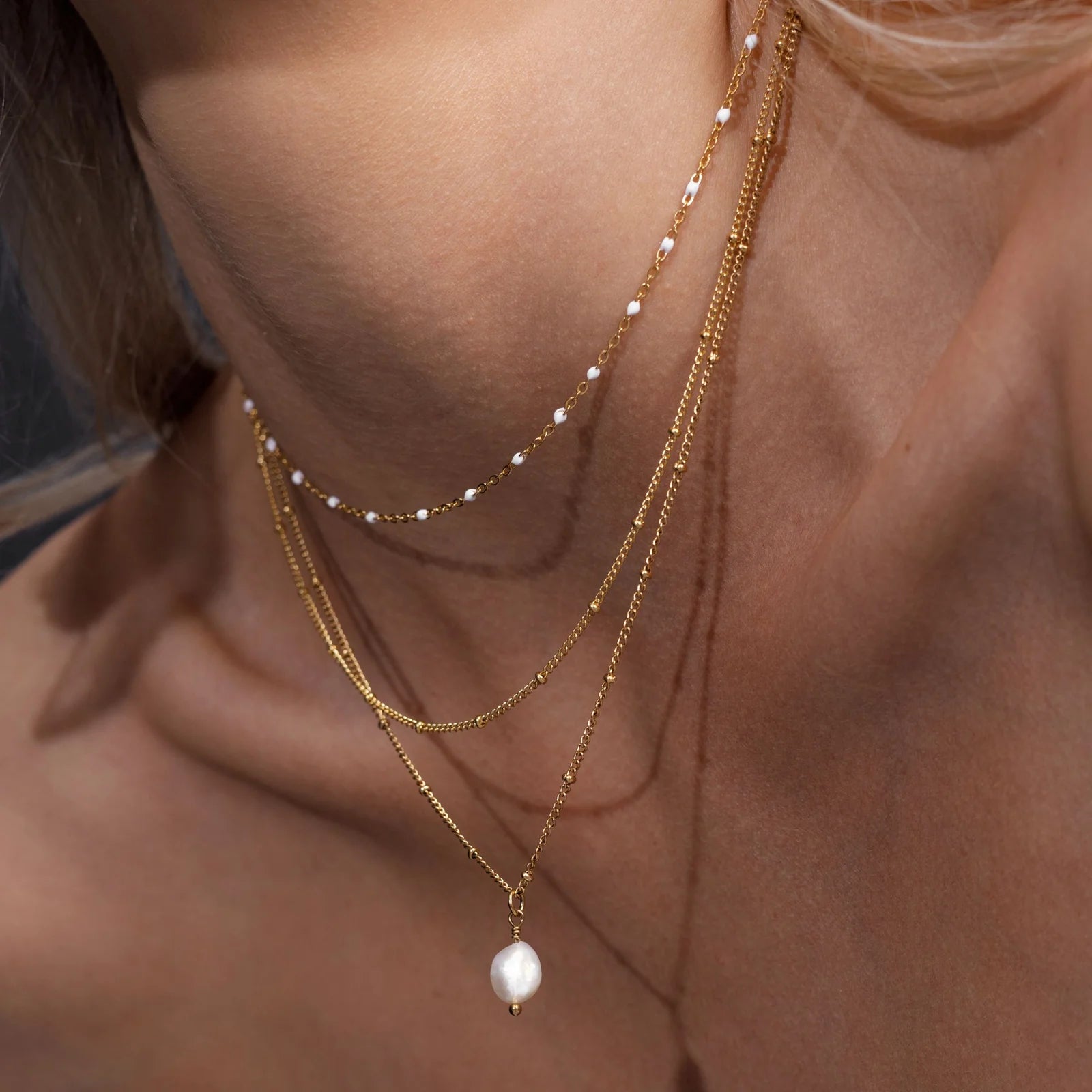 18K Gold Plated White Enamel & Satellite Chain Layered Necklace Set