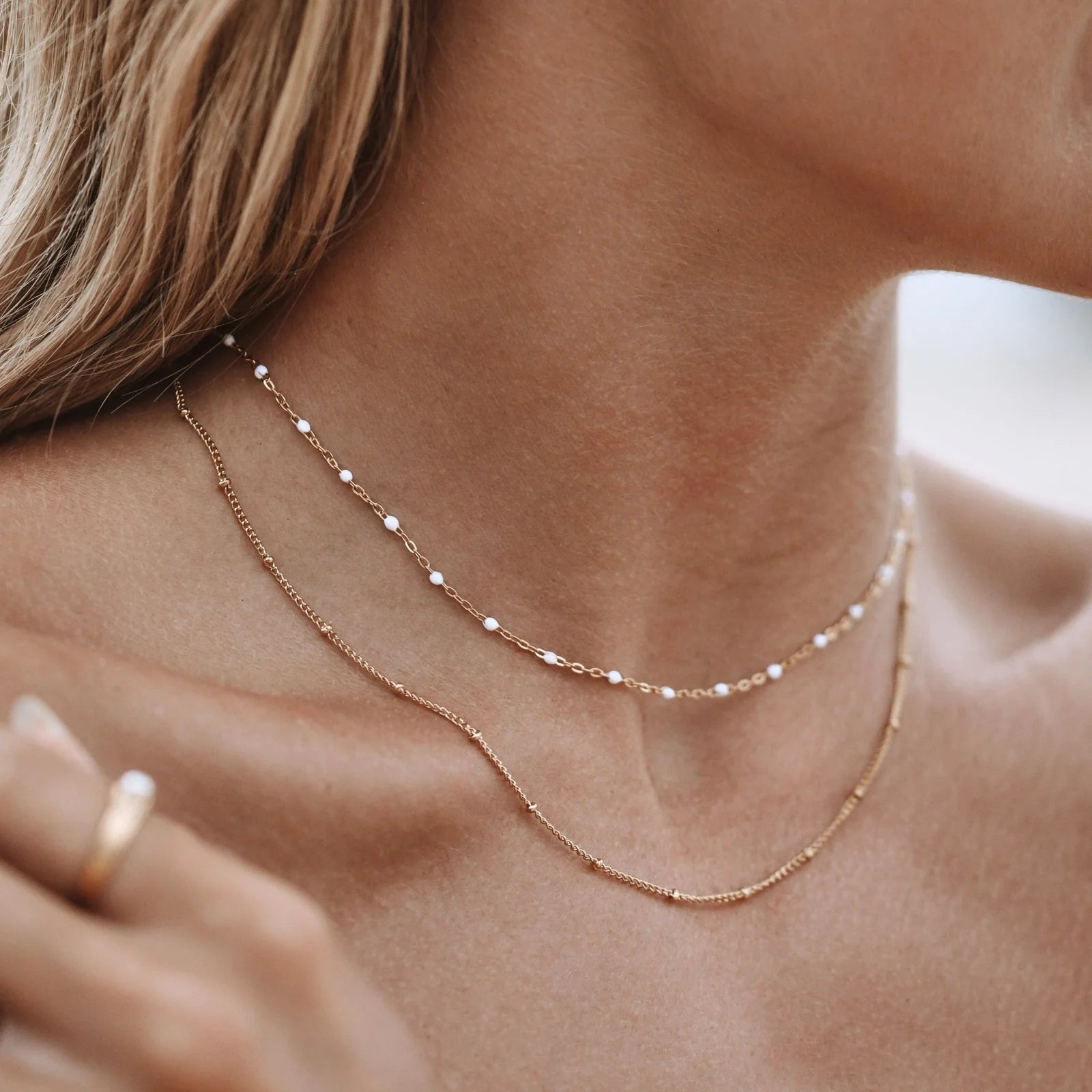 18K Gold Plated White Enamel & Satellite Chain Layered Necklace Set