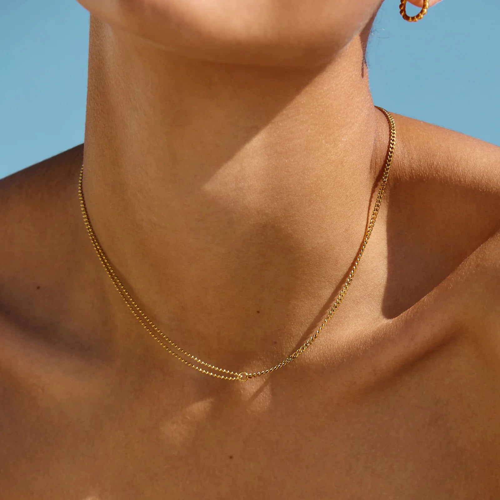 18K Gold Plated Double Chain Curb & Satellite Choker Necklace
