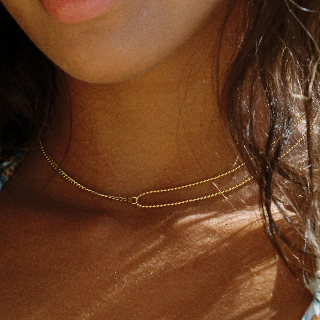 18K Gold Plated Double Chain Curb & Satellite Choker Necklace