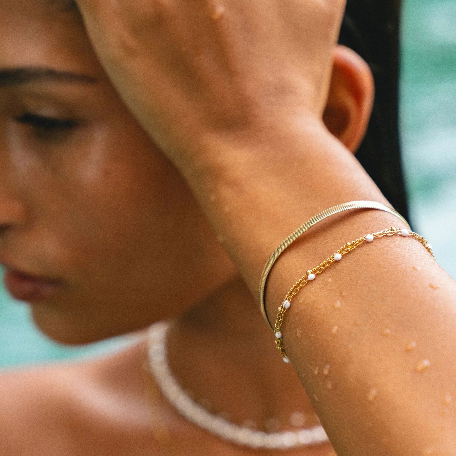 18K Gold Plated White Enamel Double Bracelet Set