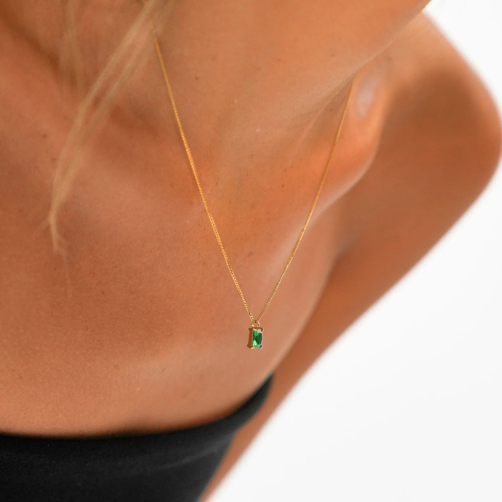 18K Gold Plated Emerald Green Baguette Zirconia Pendant Necklace