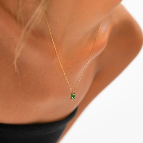 18K Gold Plated Emerald Green Baguette Zirconia Pendant Necklace