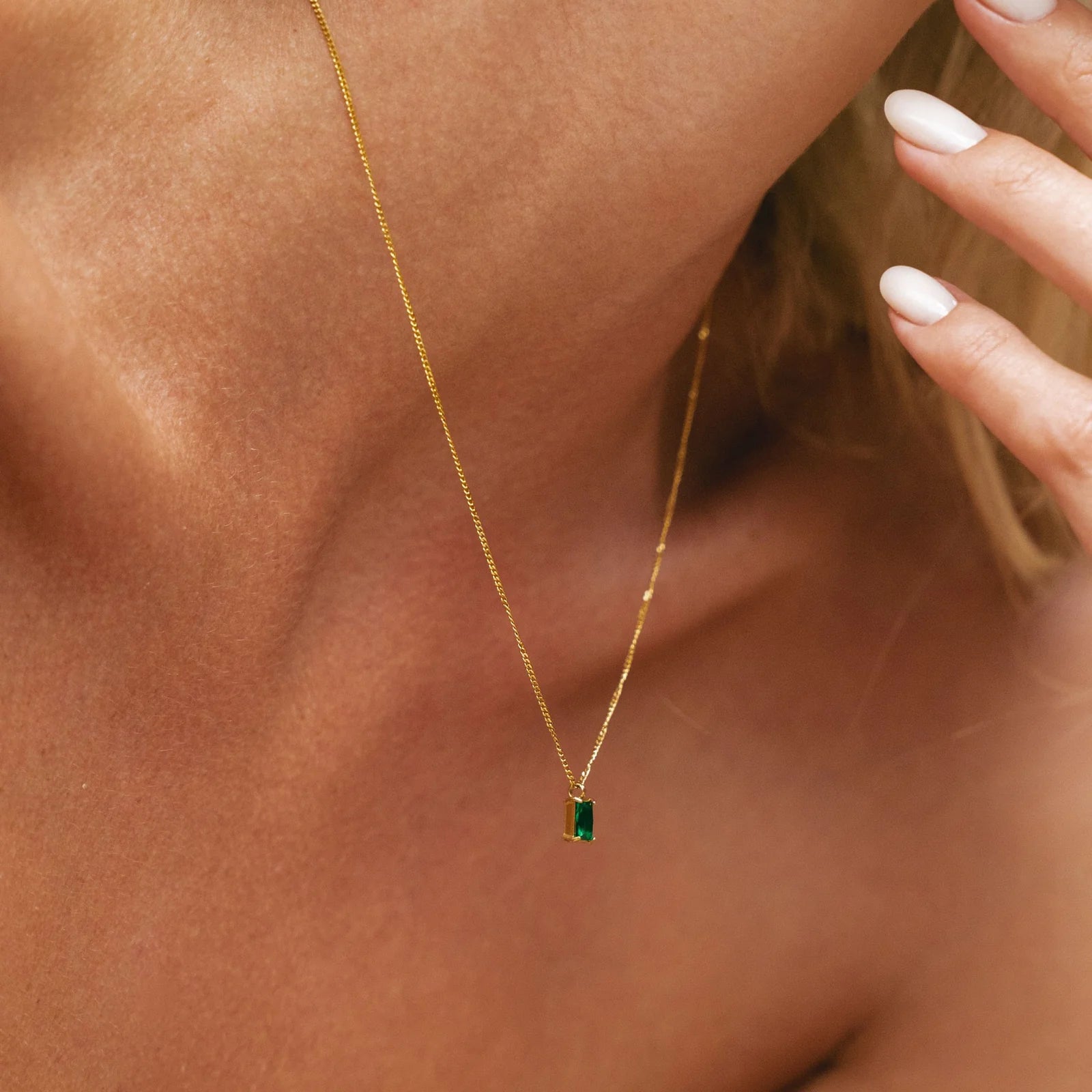 18K Gold Plated Emerald Green Baguette Zirconia Pendant Necklace