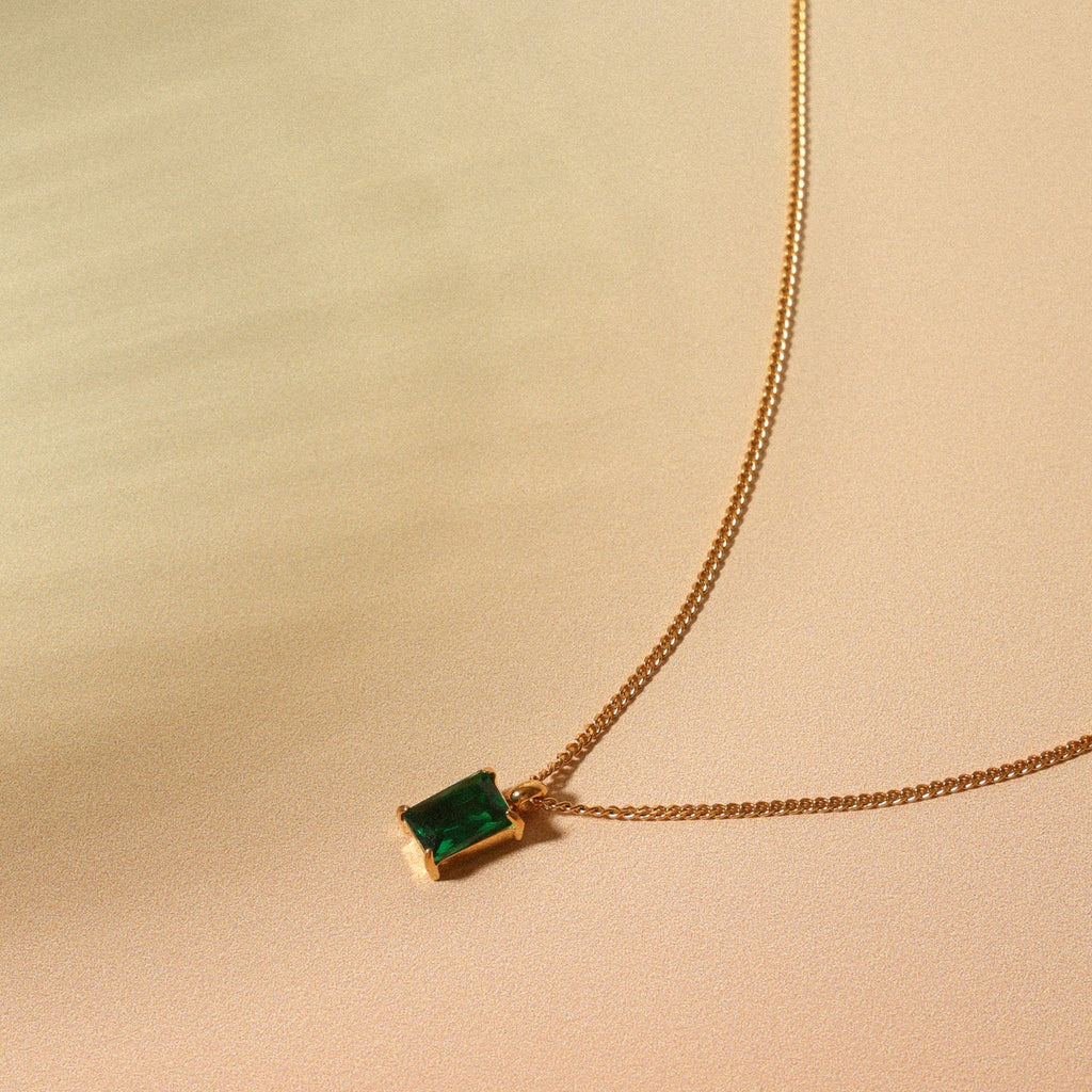 18K Gold Plated Emerald Green Baguette Zirconia Pendant Necklace