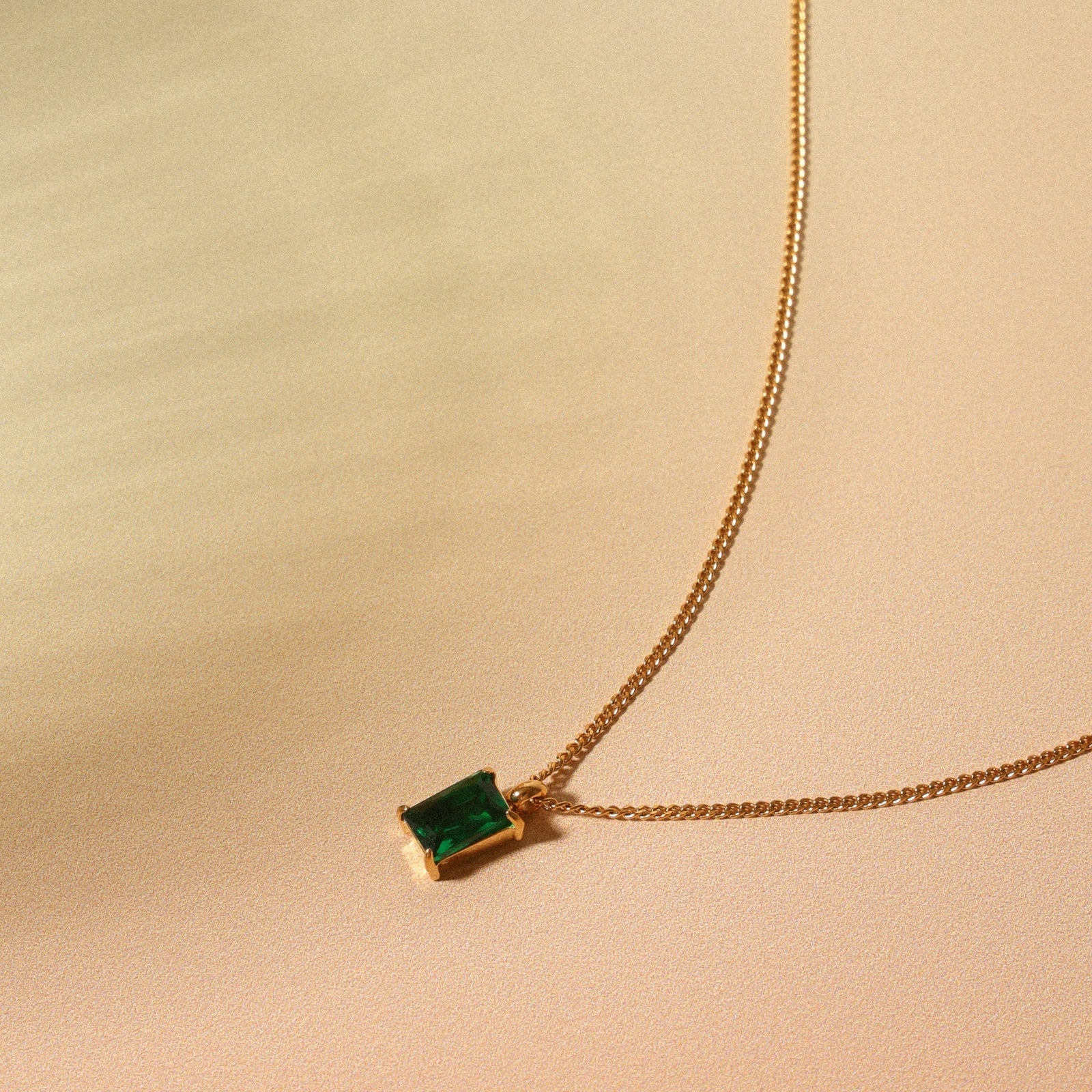 18K Gold Plated Emerald Green Baguette Zirconia Pendant Necklace