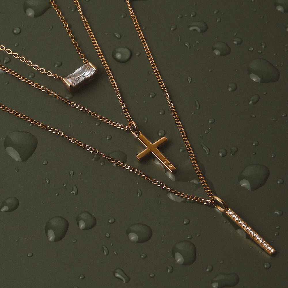 18K Gold Plated Minimalist Cross Pendant Satellite Chain Necklace
