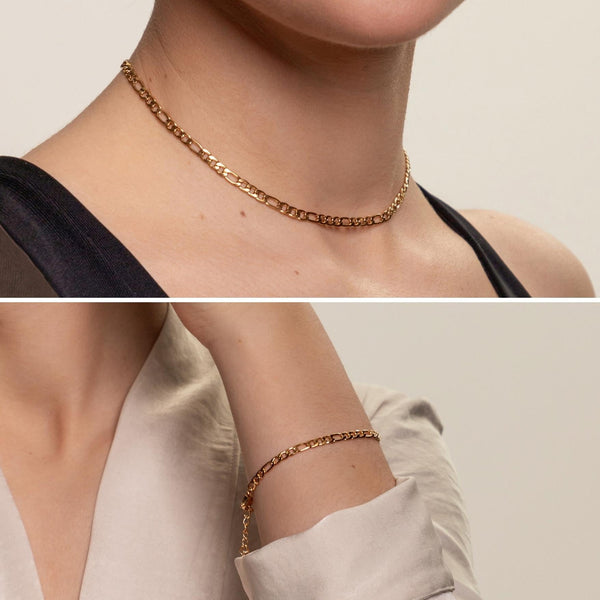 Figaro Chain Necklace & Bracelet Bundle Set
