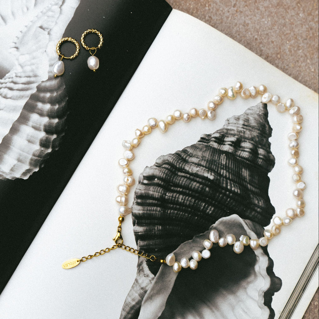 18K Gold Plated Hammered Freshwater Pearl Hoop Earrings
