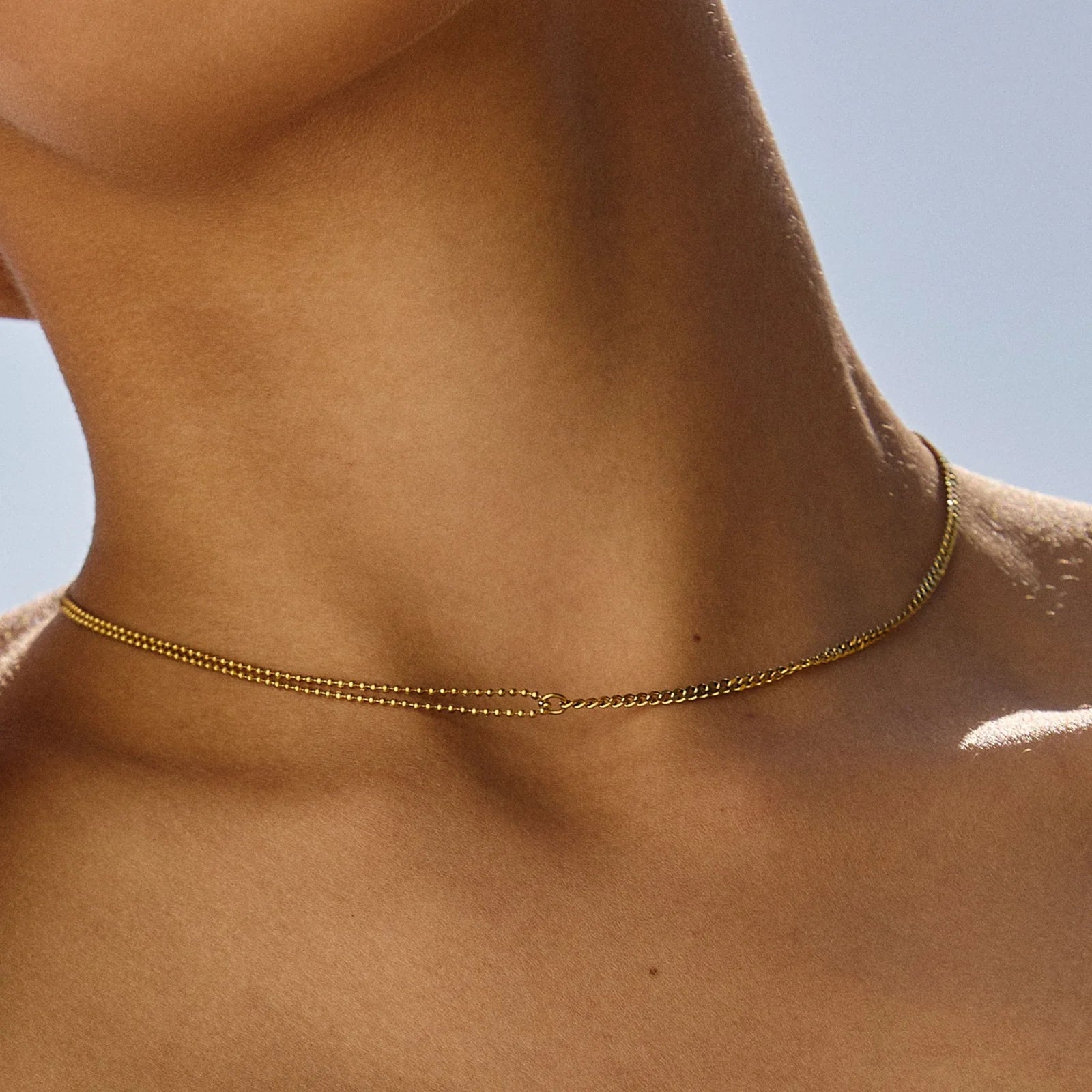 18K Gold Plated Double Chain Curb & Satellite Choker Necklace