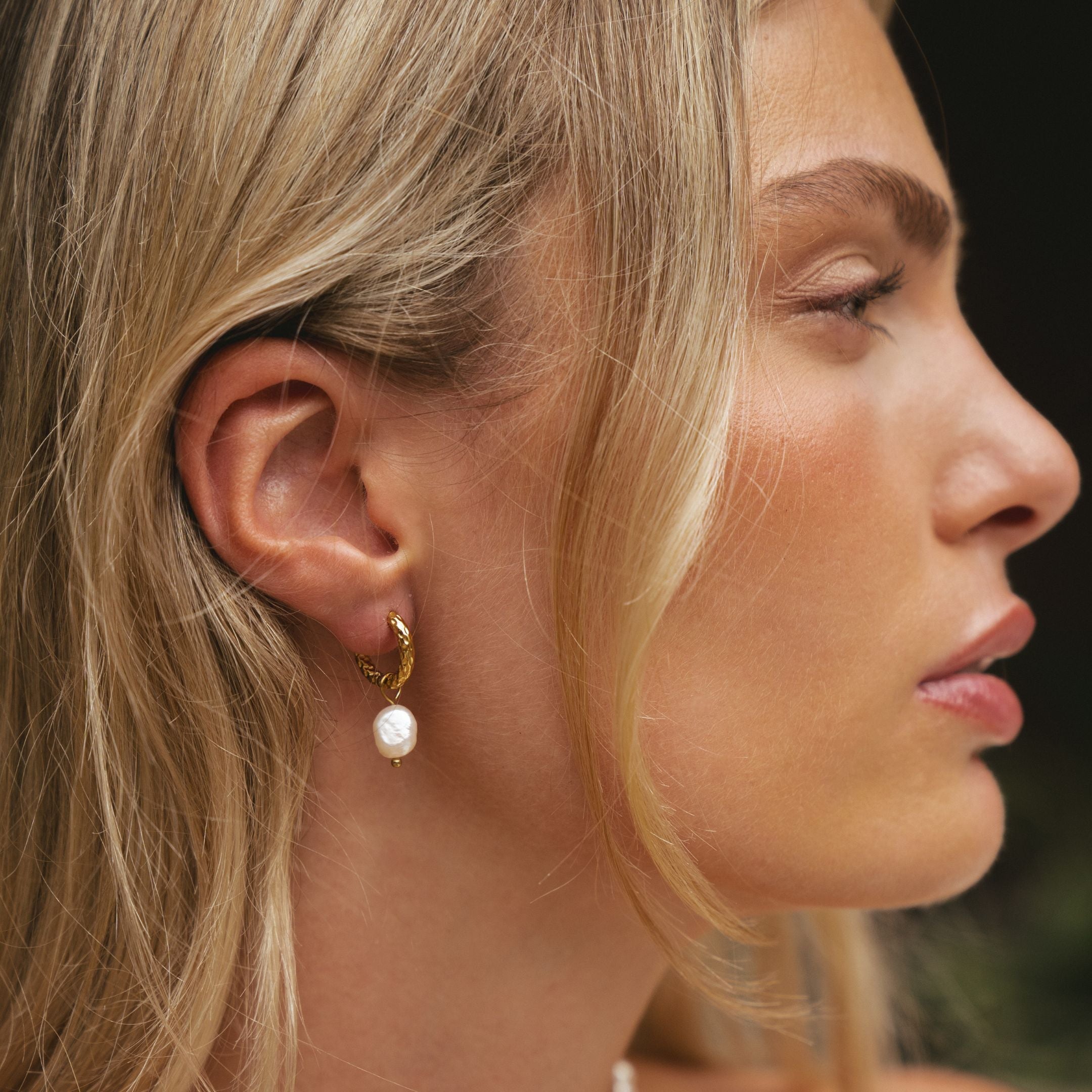 18K Gold Plated Hammered Freshwater Pearl Hoop Earrings
