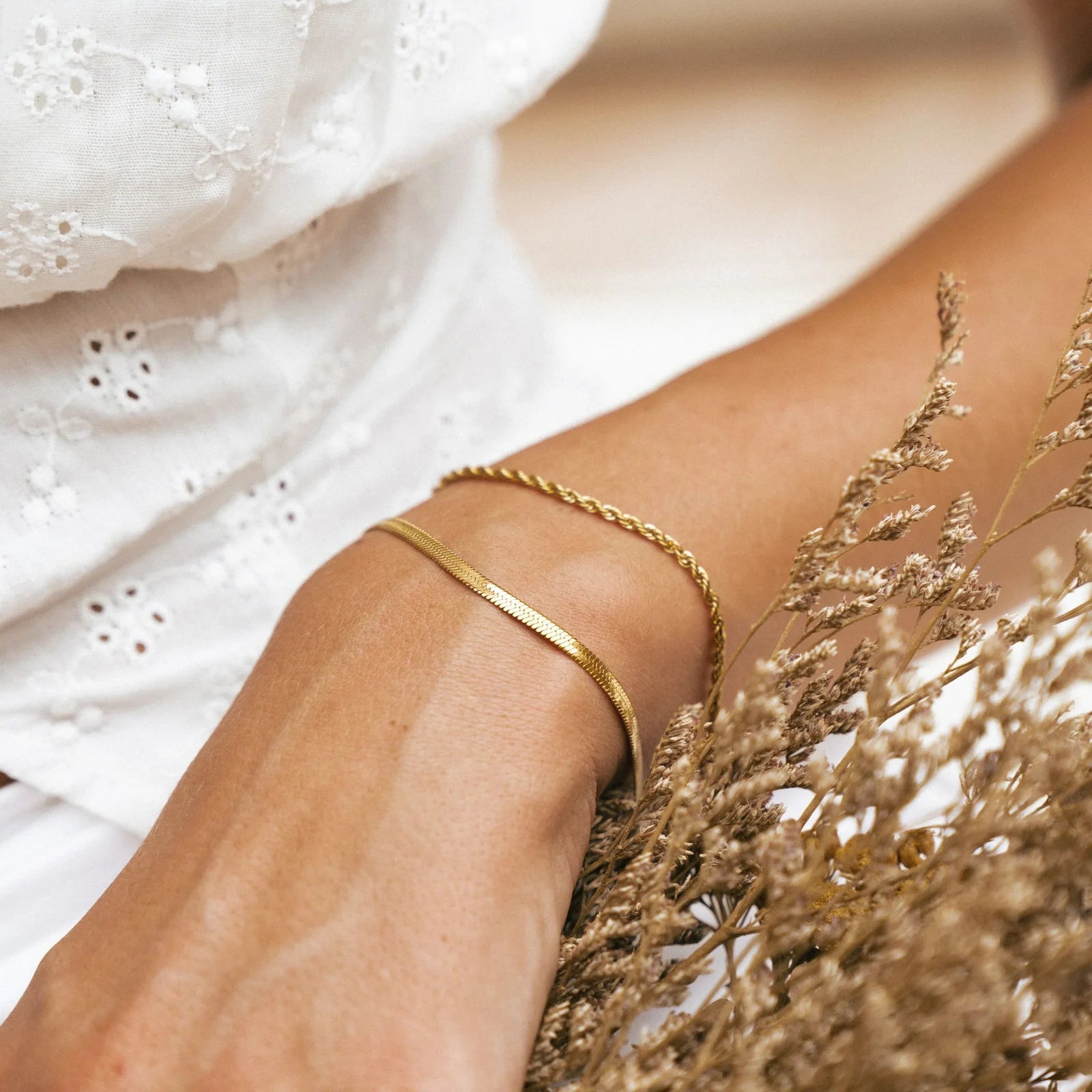 18K Gold Plated Herringbone & Rope Chain Layered Bracelet Set