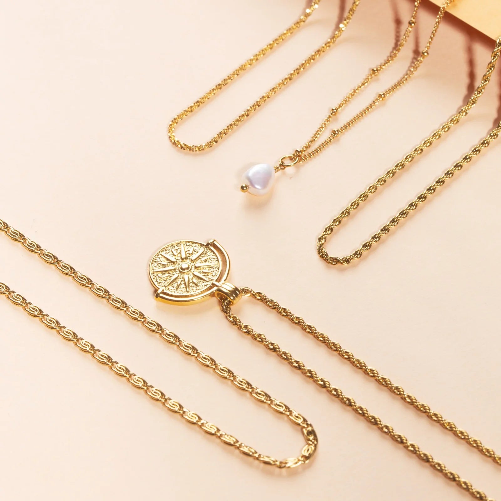 18K Gold Plated Sun Coin Pendant Rope Chain Necklace