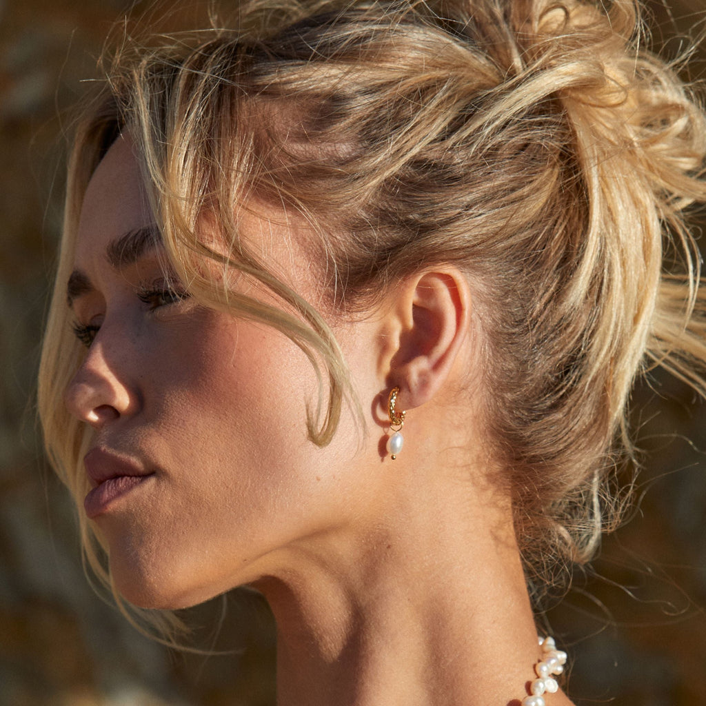 18K Gold Plated Hammered Freshwater Pearl Hoop Earrings