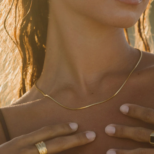18K Gold Plated Dainty Herringbone Chain Choker Necklace Waterproof