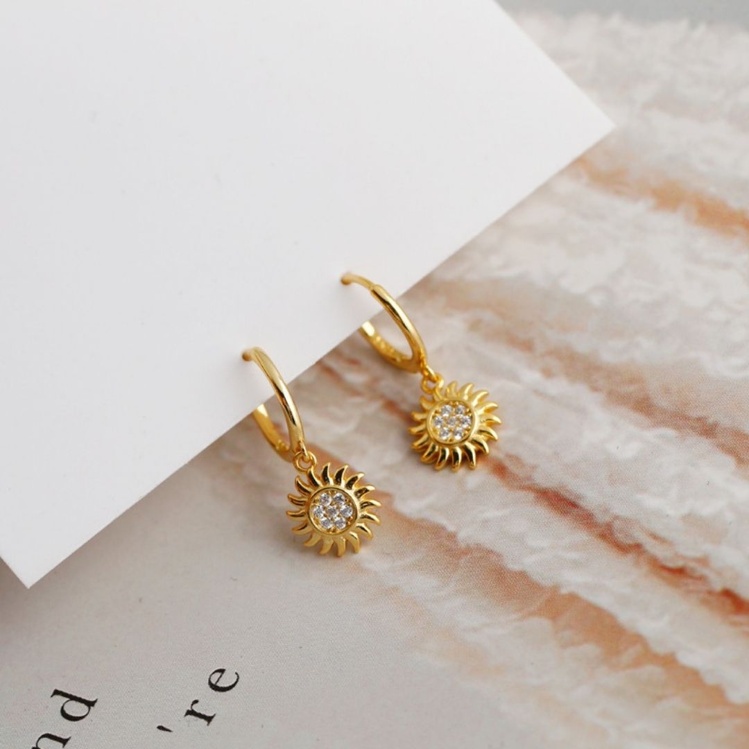18K Gold Plated Helios Sun Zirconia Hoop Earrings