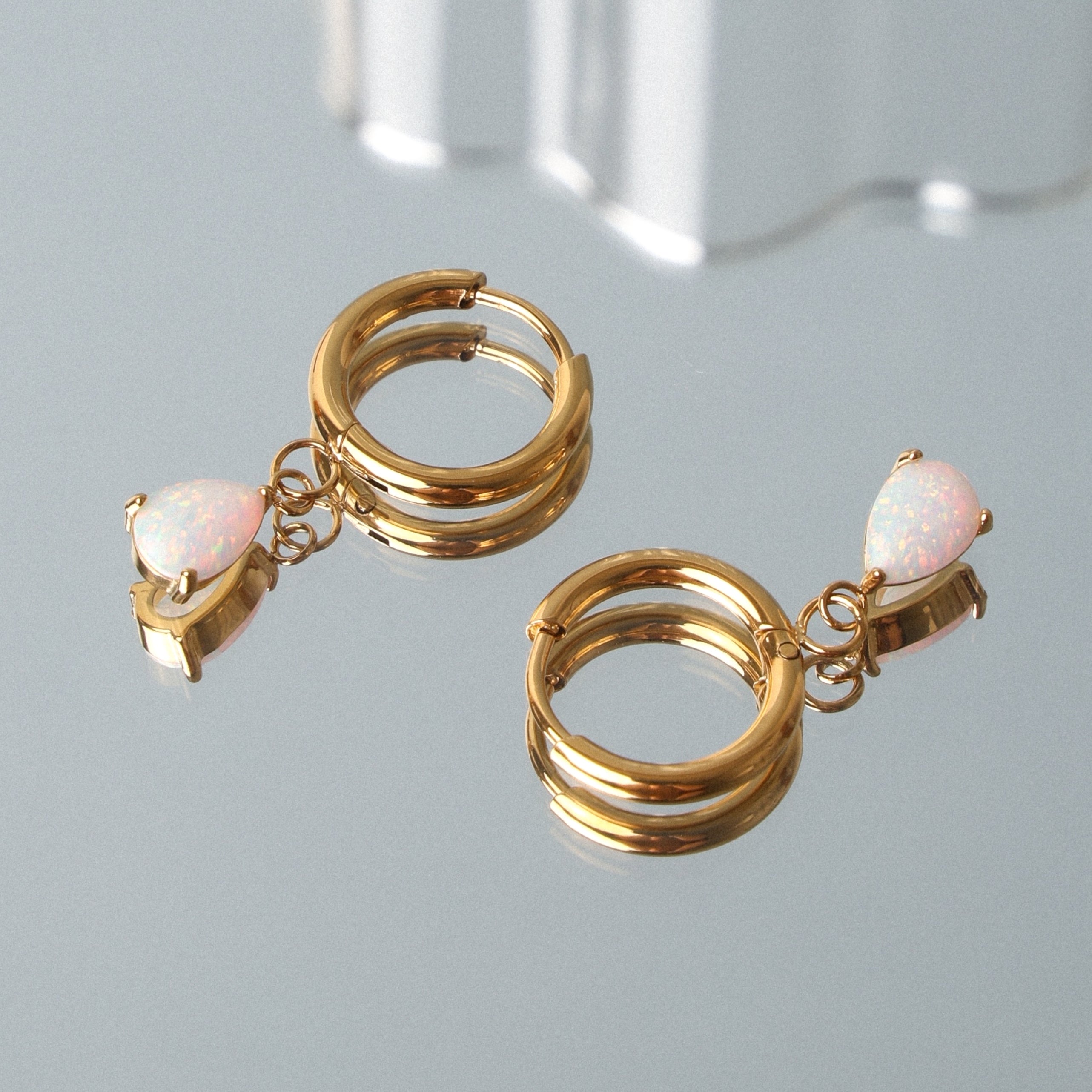 18K Gold Plated Opal Teardrop Drop Hoop Earrings