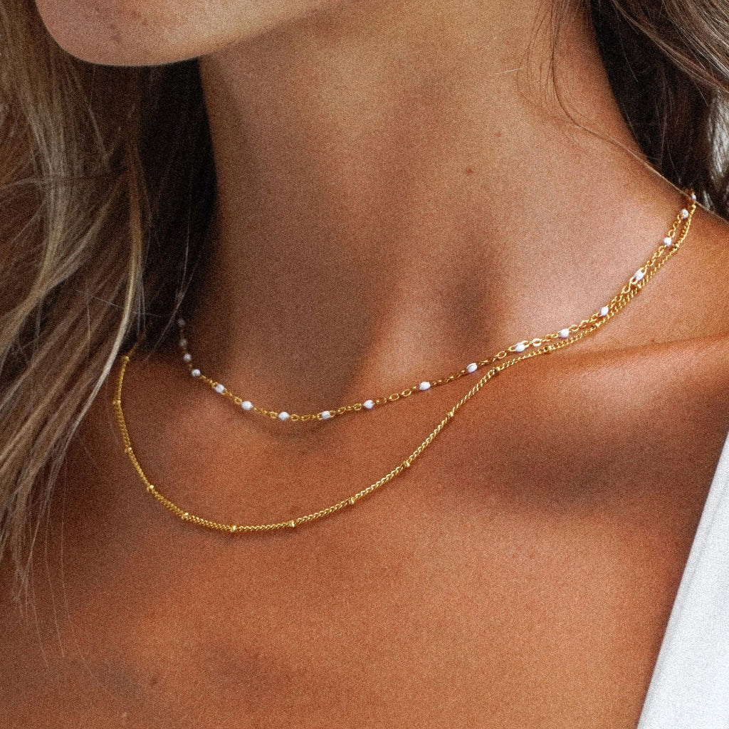 18K Gold Plated White Enamel & Satellite Chain Layered Necklace Set