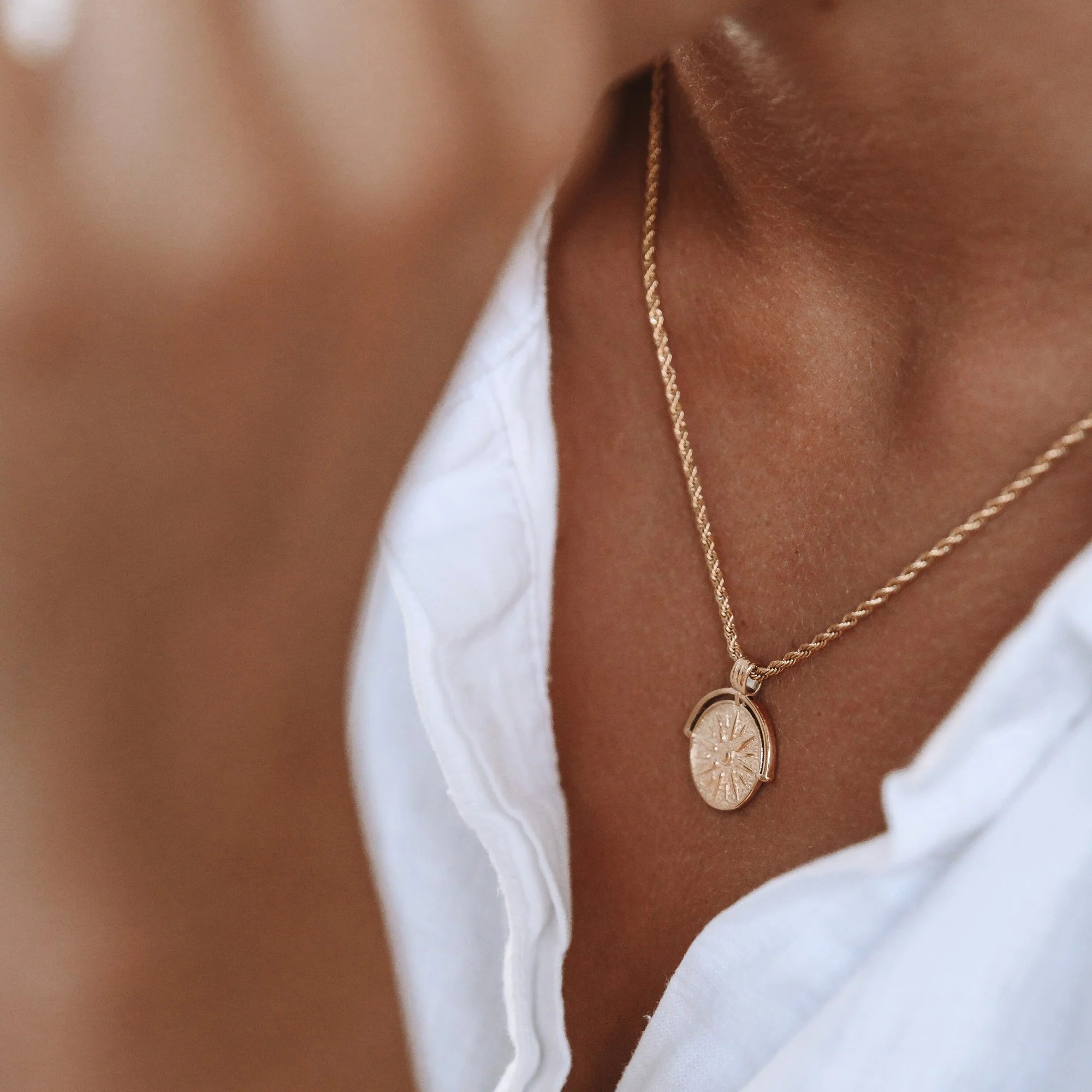 18K Gold Plated Sun Coin Pendant Rope Chain Necklace