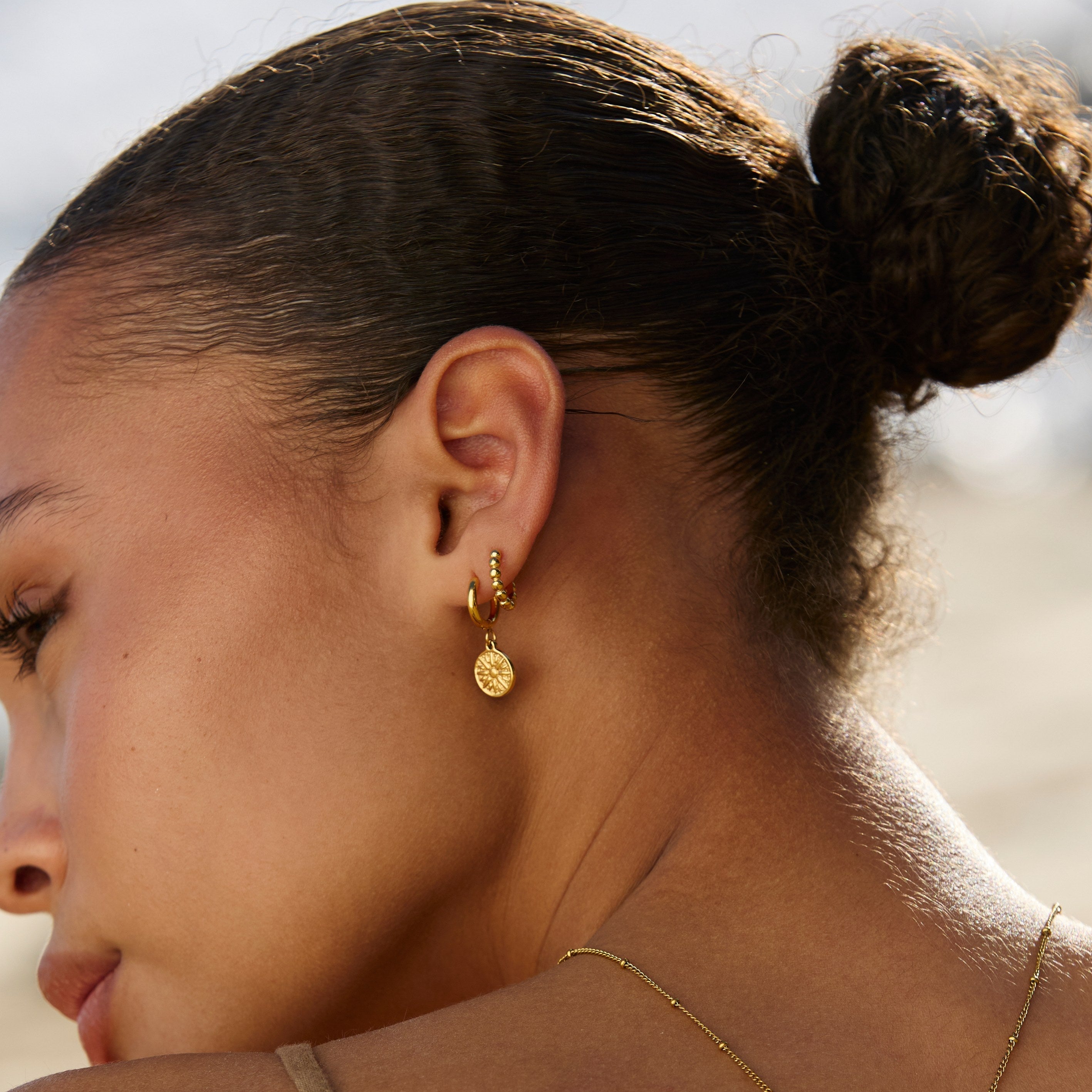 18K Gold Plated Sun Coin Drop Hoop Earrings