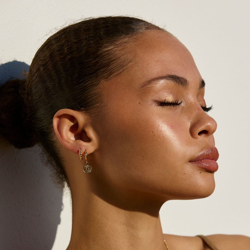 18K Gold Plated Sun Coin Drop Hoop Earrings