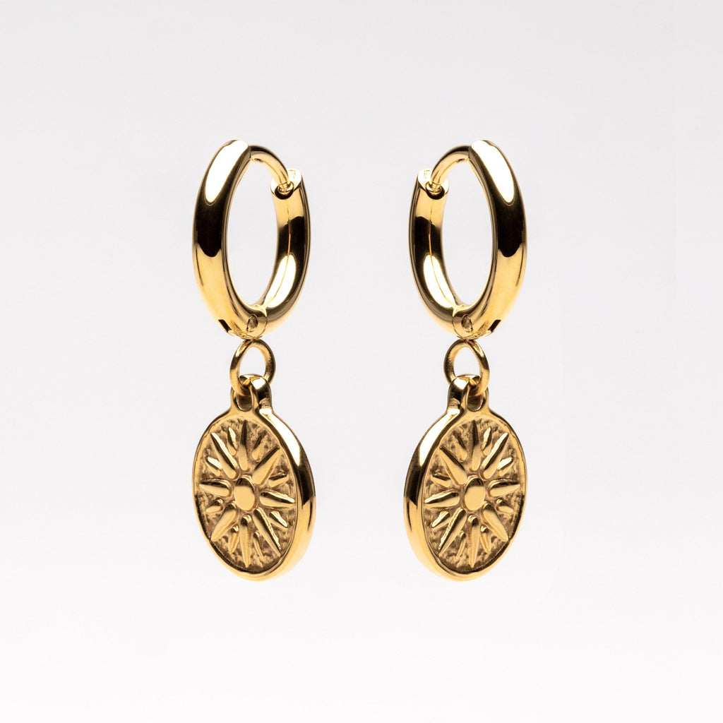18K Gold Plated Sun Coin Drop Hoop Earrings