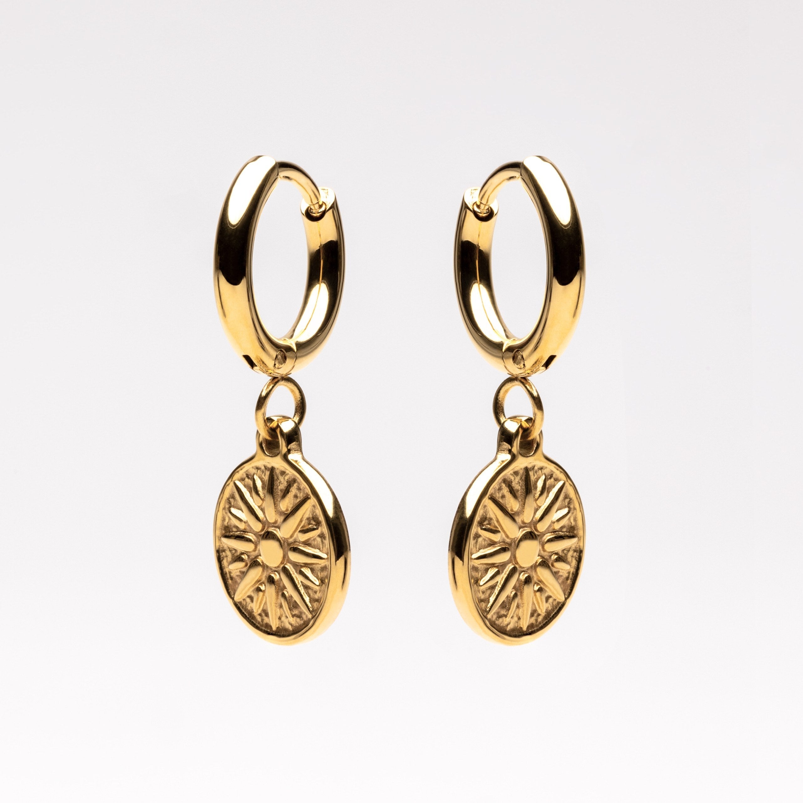 18K Gold Plated Sun Coin Drop Hoop Earrings