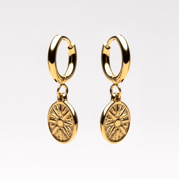 18K Gold Plated Sun Coin Drop Hoop Earrings