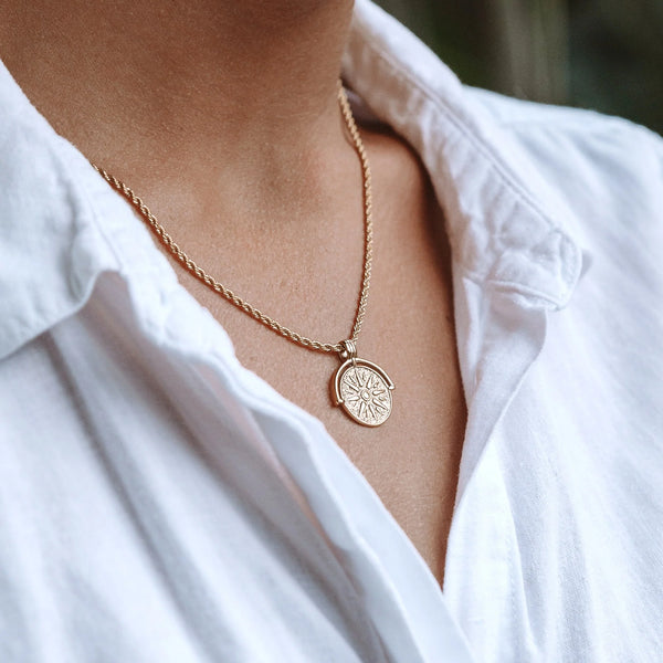 18K Gold Plated Sun Coin Pendant Rope Chain Necklace