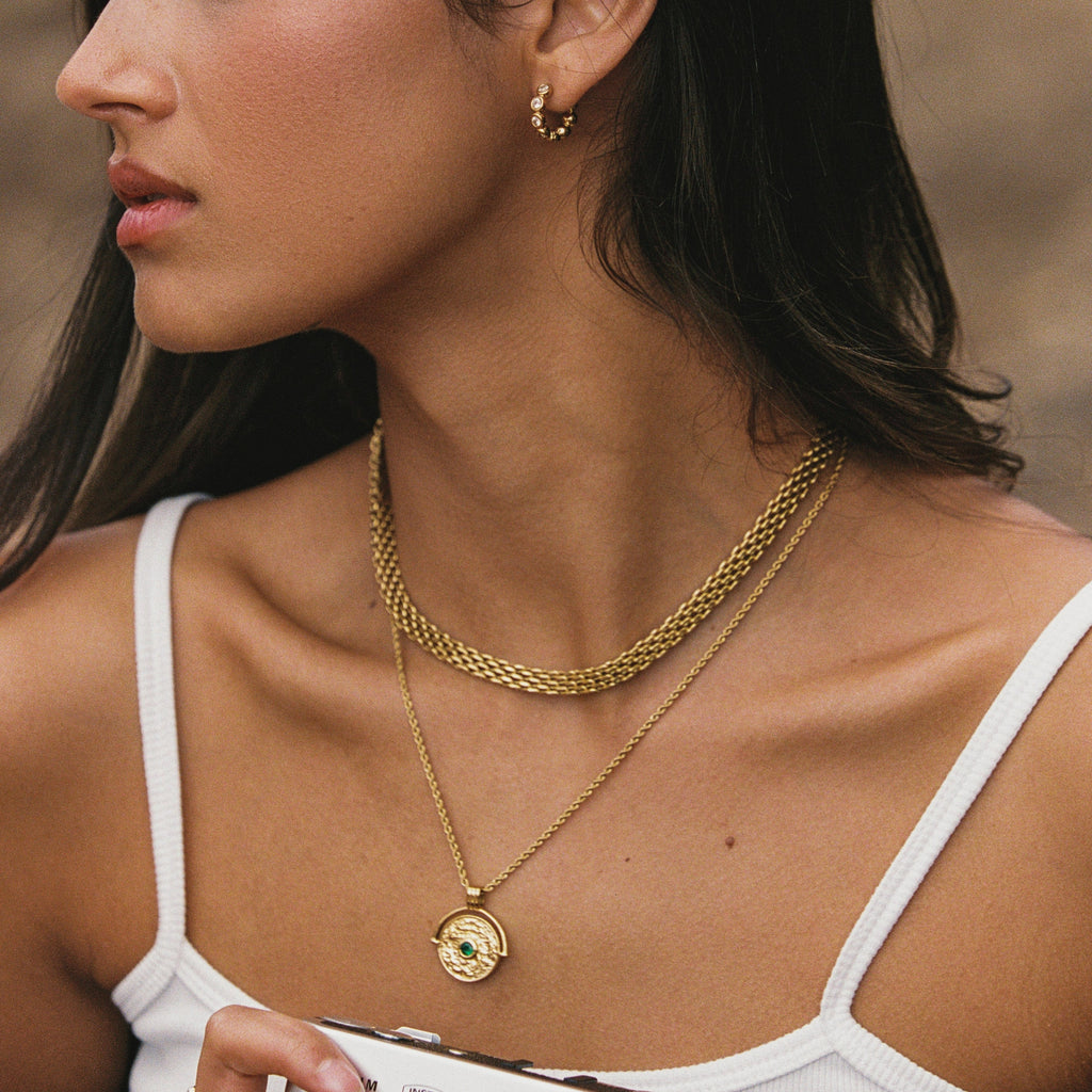 18K Gold Plated Green Stone Coin Pendant Necklace