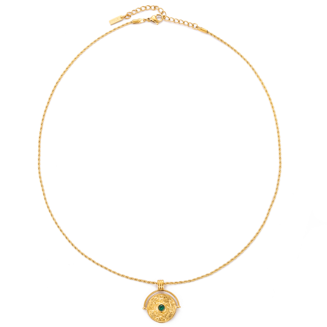 18K Gold Plated Green Stone Coin Pendant Necklace