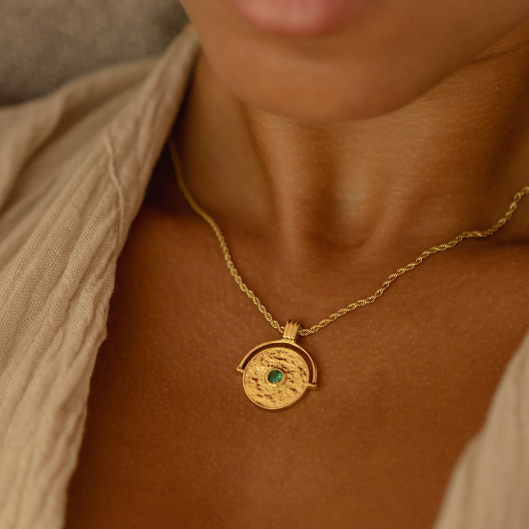 18K Gold Plated Green Stone Coin Pendant Necklace