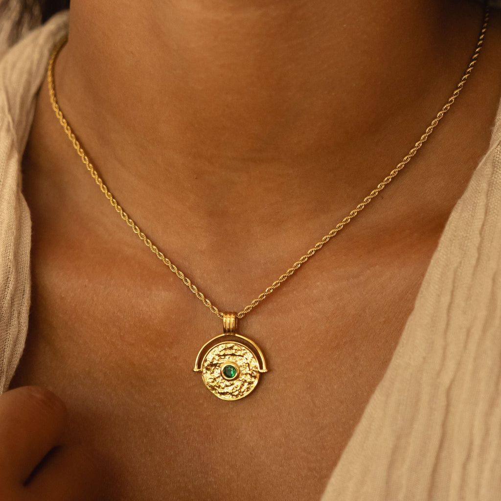 18K Gold Plated Green Stone Coin Pendant Necklace
