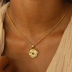 18K Gold Plated Green Stone Coin Pendant Necklace