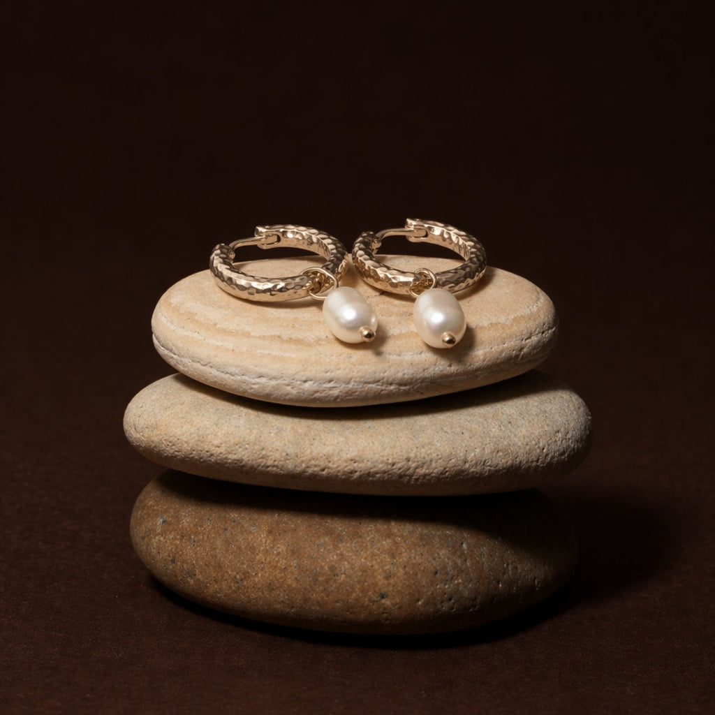 18K Gold Plated Hammered Freshwater Pearl Hoop Earrings