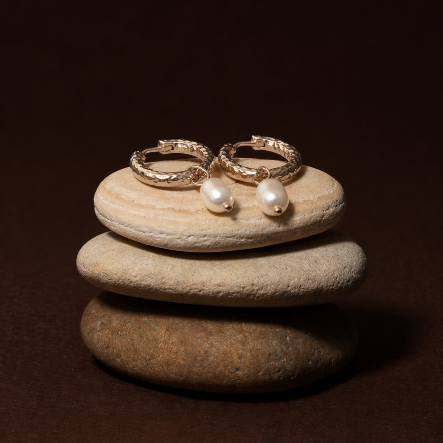 18K Gold Plated Hammered Freshwater Pearl Hoop Earrings