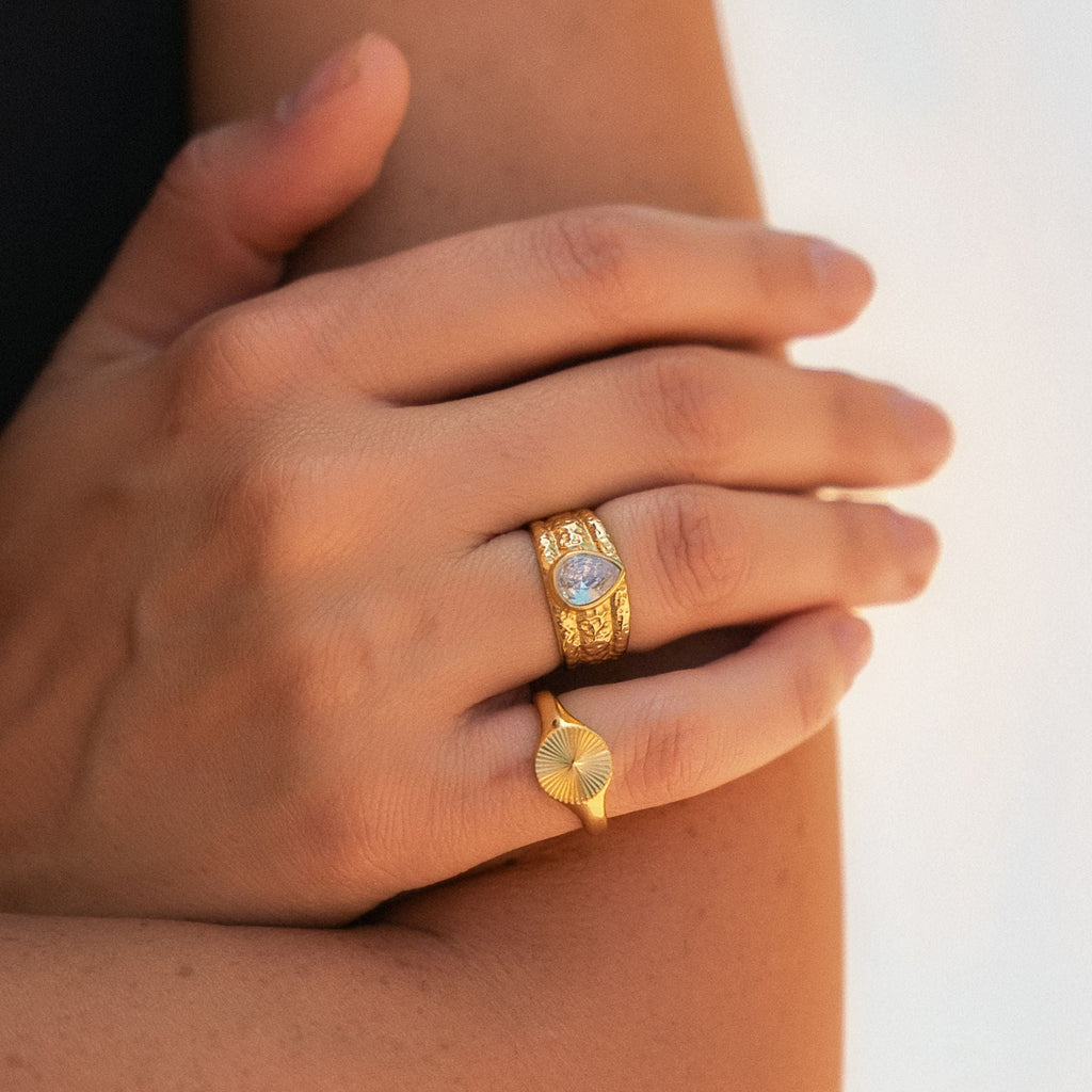 18K Gold Plated Odyssey Hammered White Zircon Ring