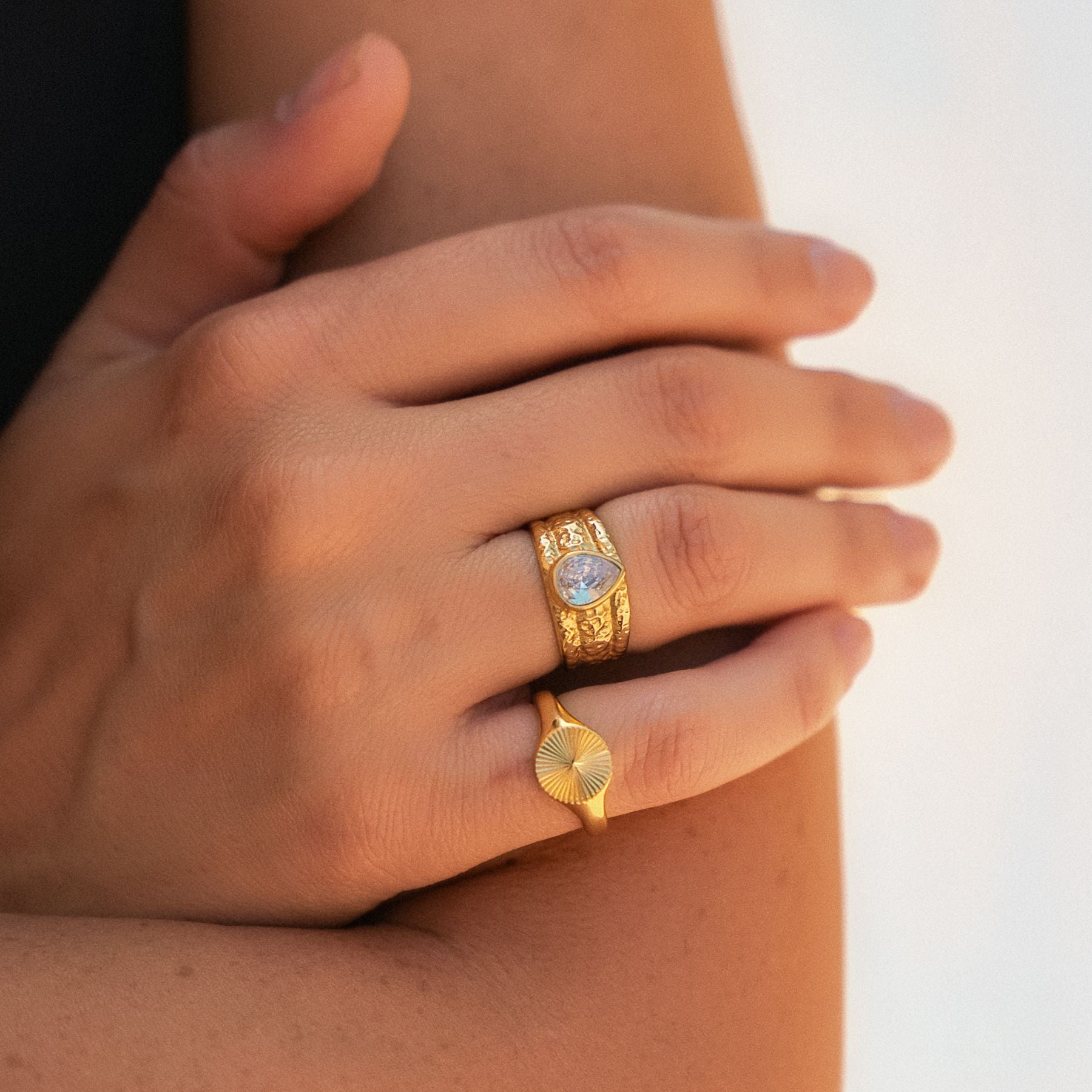 18K Gold Plated Odyssey Hammered White Zircon Ring