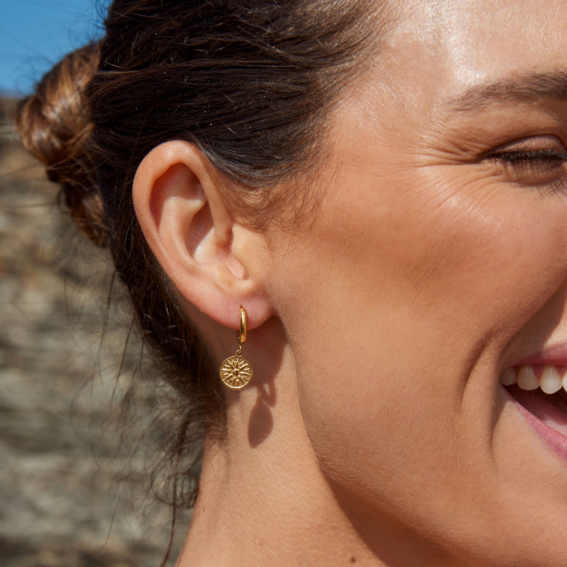 18K Gold Plated Sun Coin Drop Hoop Earrings