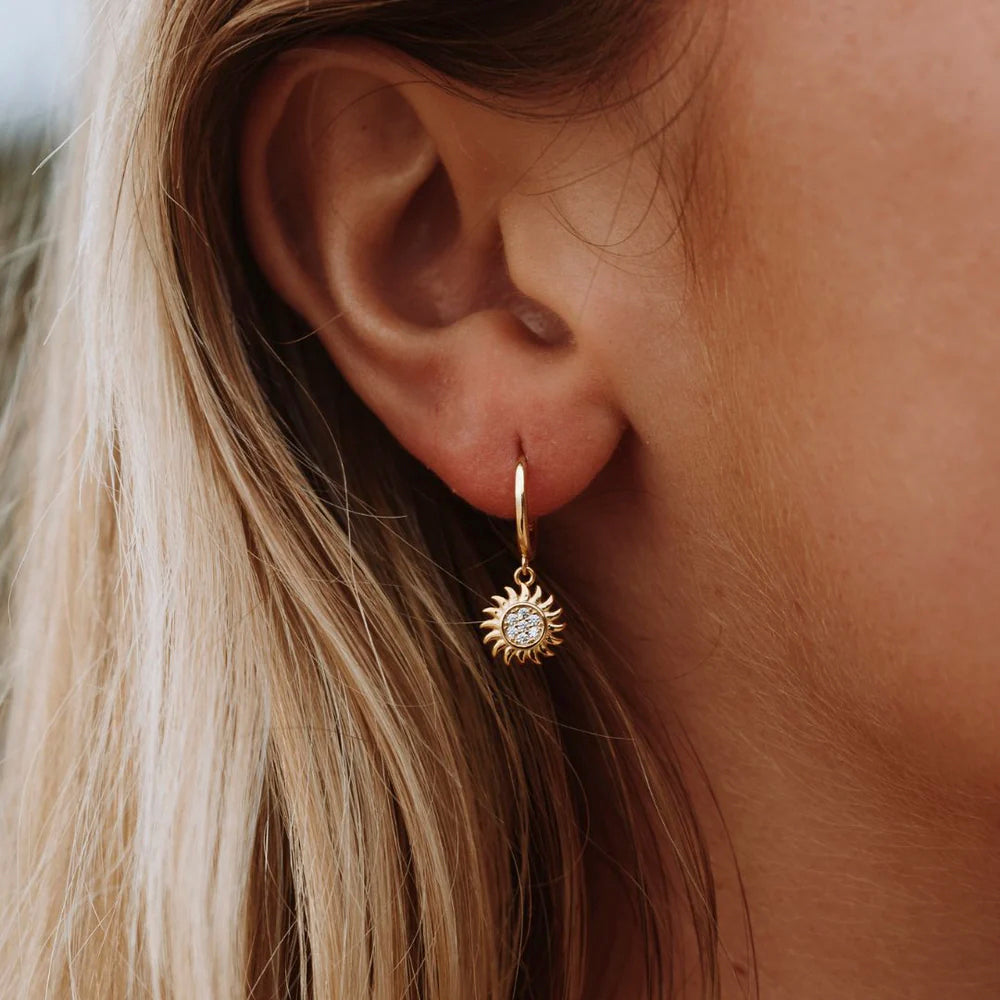 18K Gold Plated Helios Sun Zirconia Hoop Earrings
