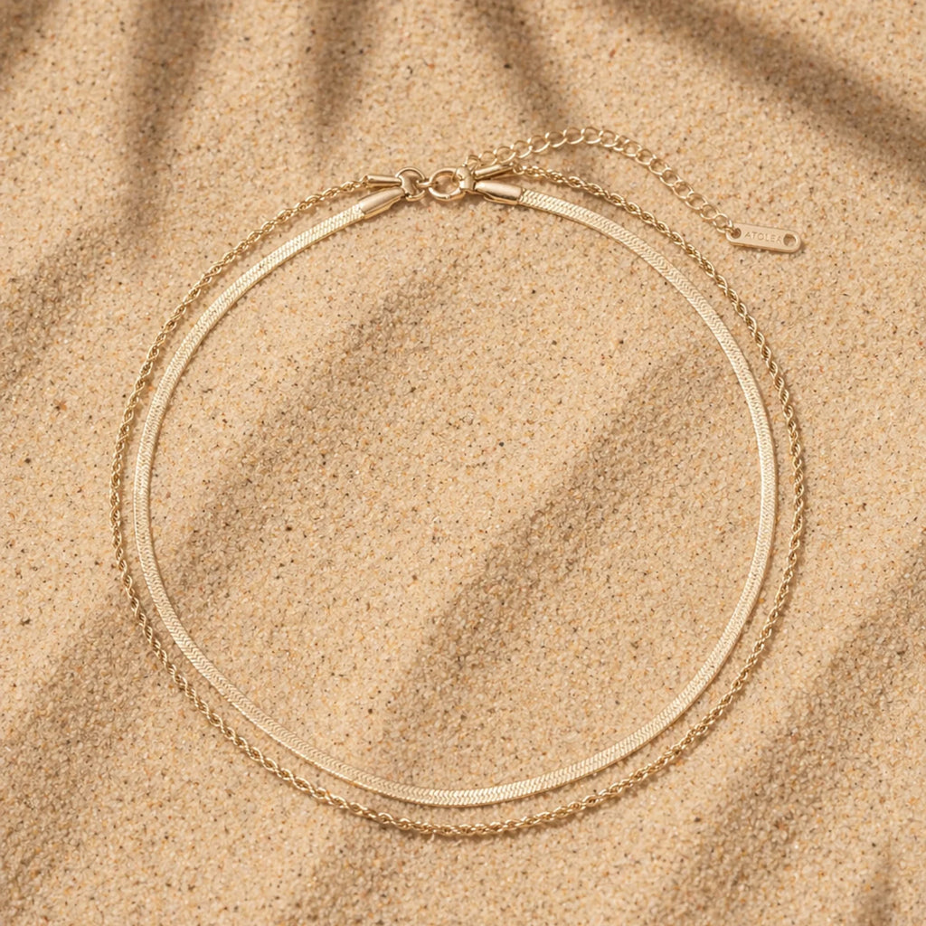 18K Gold Plated Herringbone & Rope Chain Layered Bracelet Set