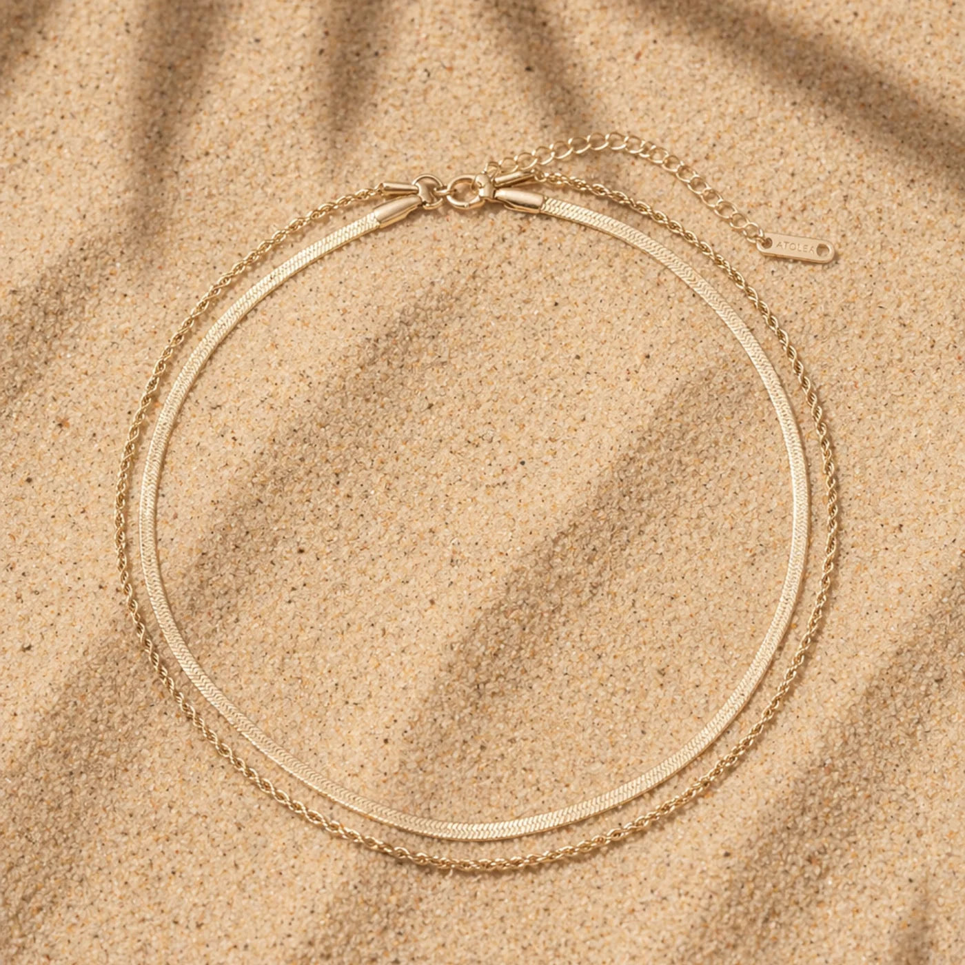 18K Gold Plated Herringbone & Rope Chain Layered Bracelet Set