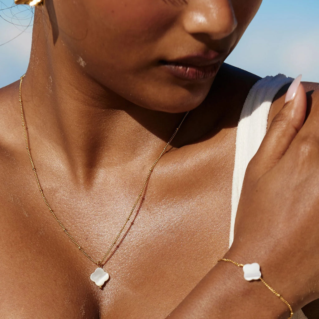 18K Gold Plated Mother of Pearl Clover Pendant Necklace