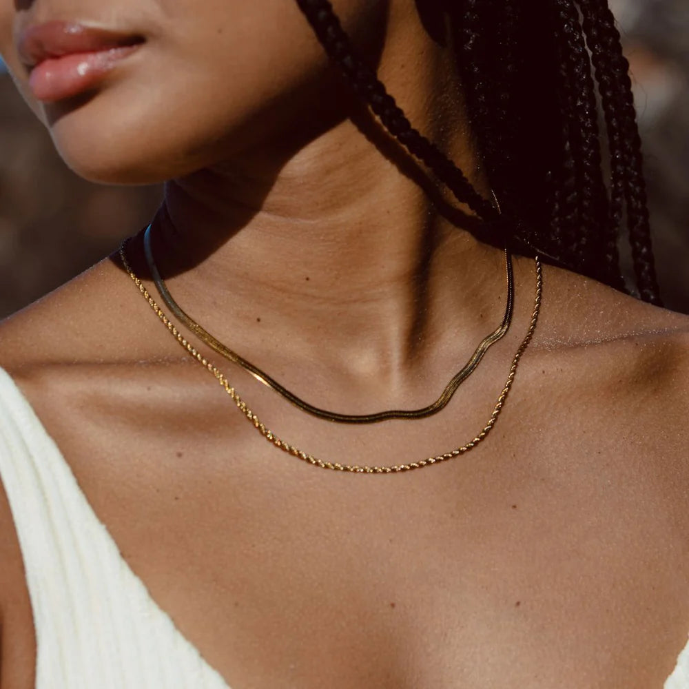 18K Gold Plated Herringbone & Rope Chain Layered Necklace Set