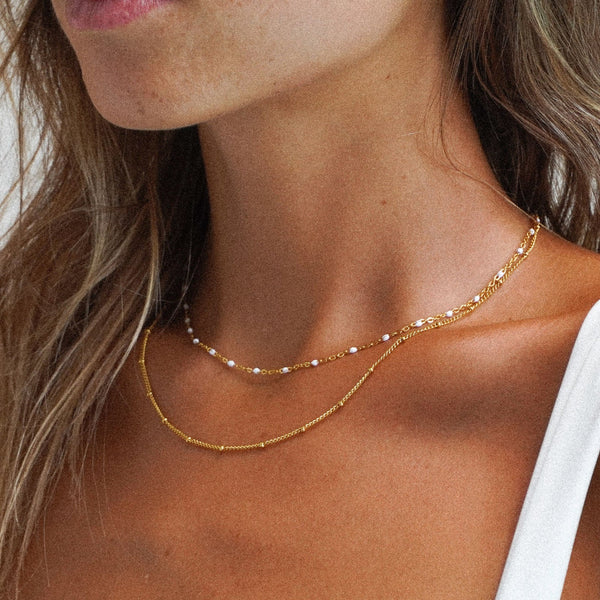 18K Gold Plated White Enamel & Satellite Chain Layered Necklace Set