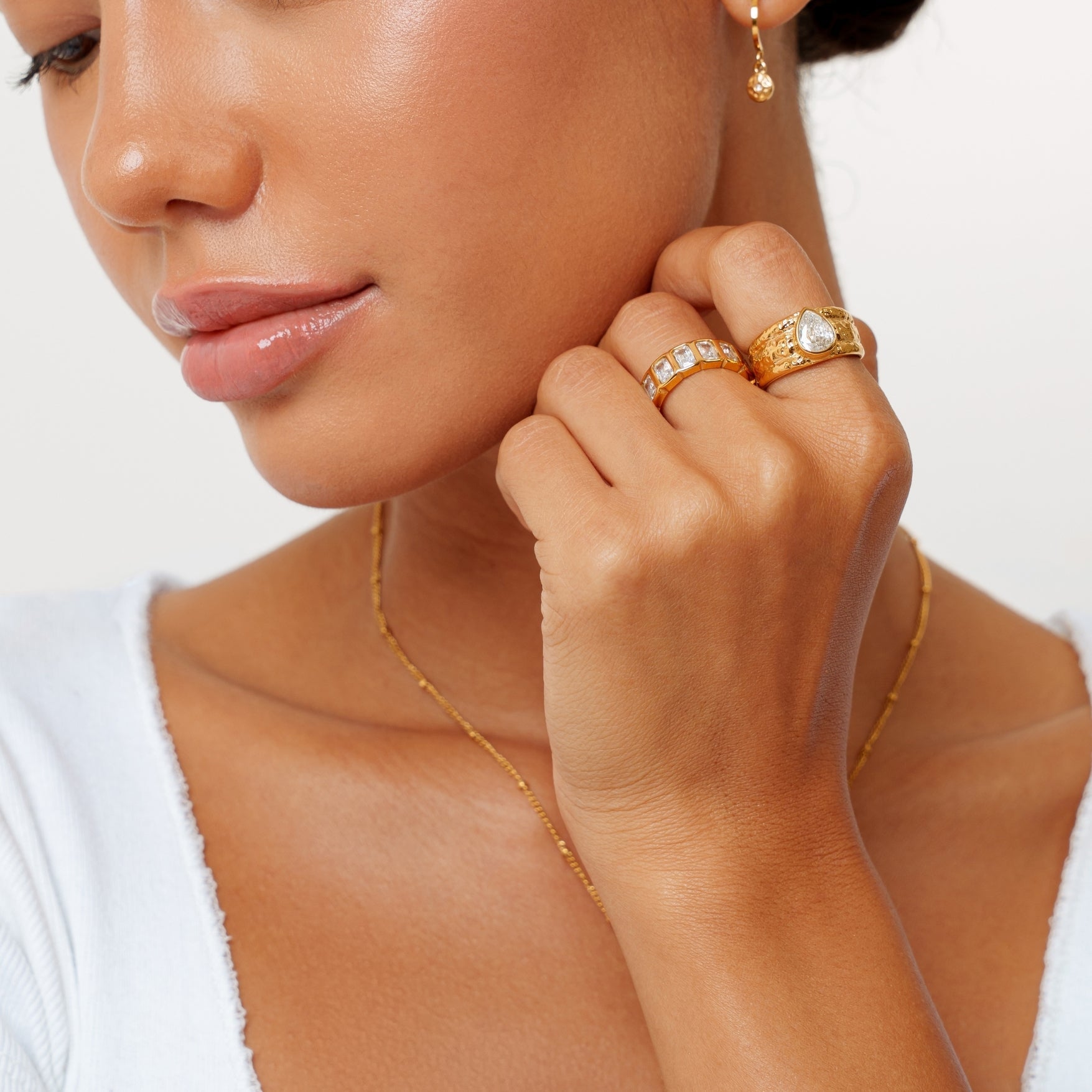 18K Gold Plated Odyssey Hammered White Zircon Ring