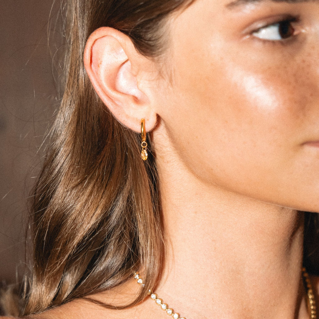 18K Gold Plated Rosé Stone Oval Drop Hoop Earrings